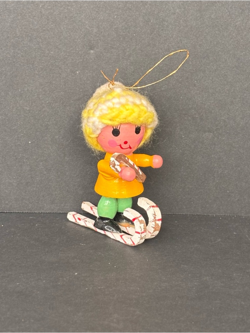 Wood Figure on Skies Christmas Figurine Skier Crochet Hat Vintage 3” Ornament